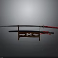 Traditional Japanese Katana Weapon With Black Scabbard Red Handle On Red Decorative Stand