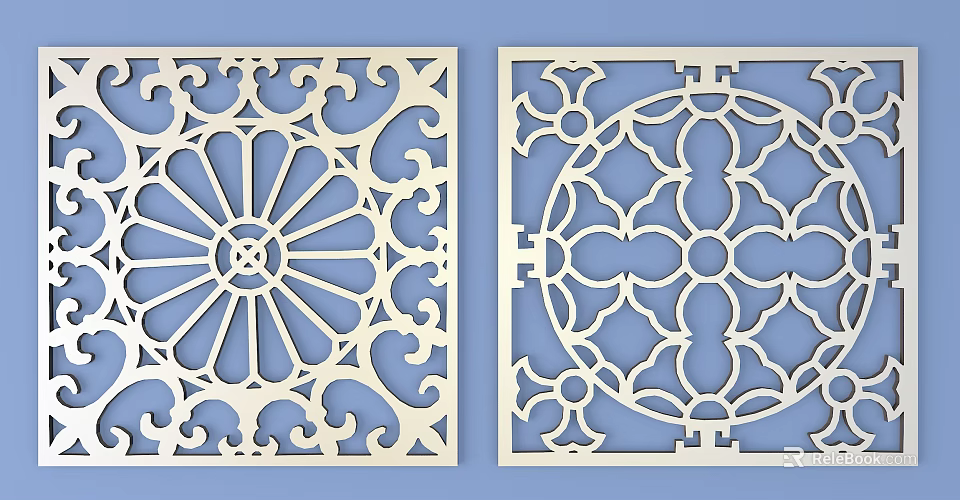 Traditional White Ornate Carved Windows With Intricate Floral And Geometric Designs 3d model 