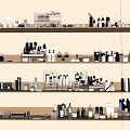 Perfumes And Cosmetics Displayed On Multiple Shelves With Various Bottles Jars Brushes