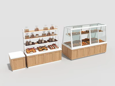 Wooden Bakery Display Shelves With Glass Doors And Multiple Tiers For Pastries 3d model
