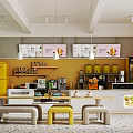 Bright Modern Bubble Tea Shop Interior With Yellow Counter Wooden Tables And Stools