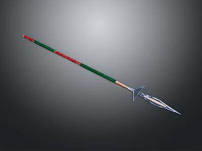 Traditional Spear Weapon With Green Red Shaft And Metal Spearhead Design 3d model