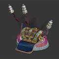 Ornate Treasure Chest With Pagoda Decorations Flames And Blue Cloth On Pedestal