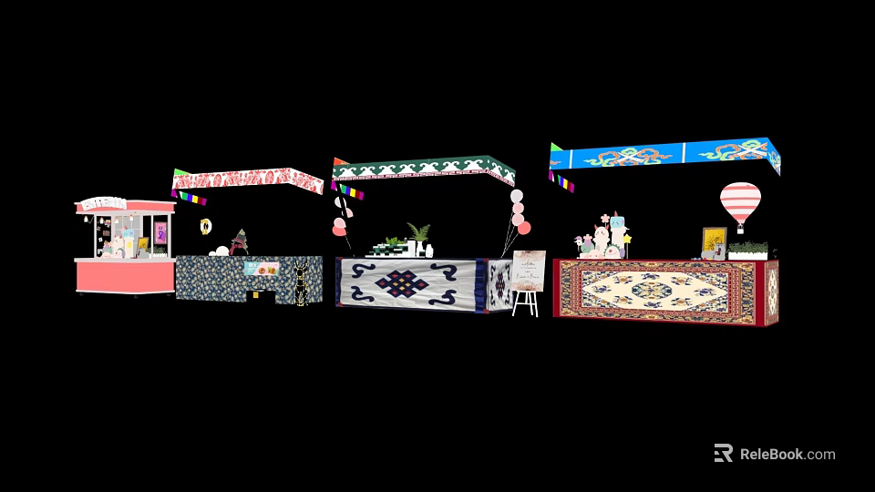 Vibrant Market Stalls With Colorful Canopies Decorative Plants Ornaments And Balloons 3d model 