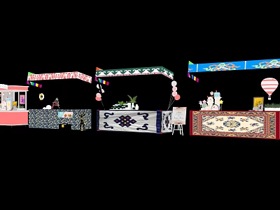 Vibrant Market Stalls With Colorful Canopies Decorative Plants Ornaments And Balloons 3d model