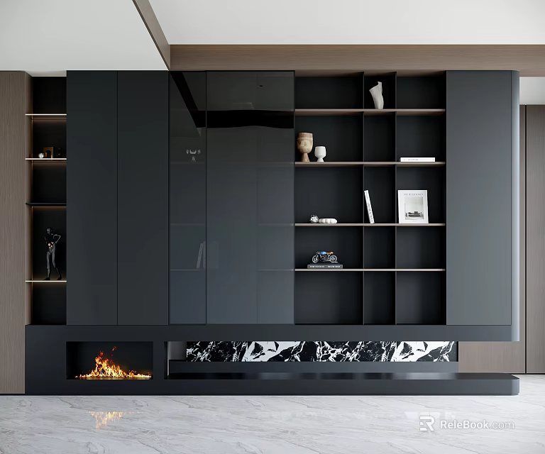 Modern Black Storage Cabinet with Multiple Shelves Compartments and Marble Fireplace 3d model 