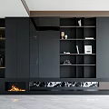 Modern Black Storage Cabinet with Multiple Shelves Compartments and Marble Fireplace