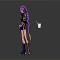 3D Character With Purple Hair Black Jacket Shorts White Cup Blue Staff Pink Striped Boots