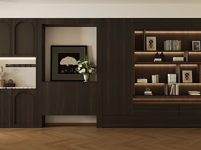Modern Dark Wood Bookcase Design With LED Light Strips Books Artwork And Vase Decorations 3d model