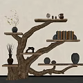 Natural Rustic Wooden Tree Shaped Shelving Unit With Multiple Shelves Vases Books And Decorative Items