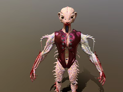 Game and Movie Alien Monster Character with Large Eyes Red Torso and Spiked Limbs 3d model