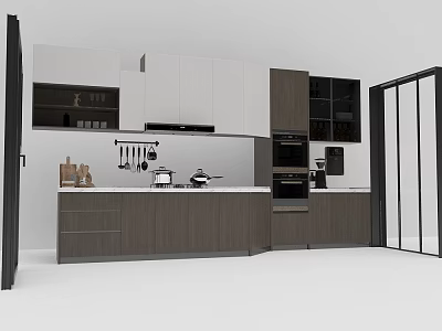 Modern Kitchen Interior With White And Dark Wood Cabinets And Countertop Appliances 3d model