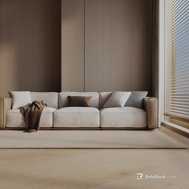 Modern Three Seater Sofa With Light Beige Cushions Brown Blanket And Wooden Wall 3d model 