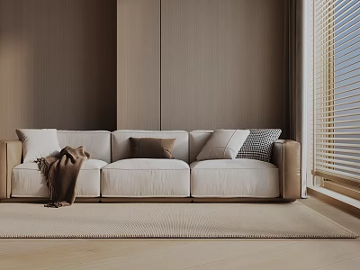 Modern Three Seater Sofa With Light Beige Cushions Brown Blanket And Wooden Wall 3d model