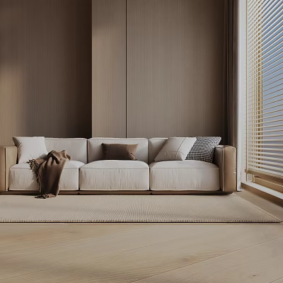 Modern Three Seater Sofa With Light Beige Cushions Brown Blanket And Wooden Wall 3d model
