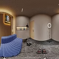 Stylish Interior Space With Blue Sofa Photography Equipment Kilian Paris Painting Shoes And Display Cabinet