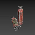 Two Vintage Red Fire Extinguishers With Green Labels And Hose On Black Background