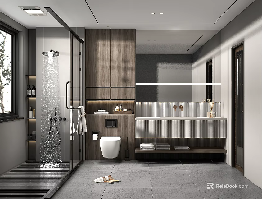 Modern Bathroom Interior Design With Glass Shower Enclosure Wooden Wall Panels And Floating Vanity 3d model 