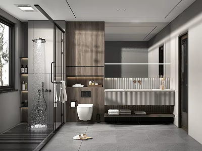 Modern Bathroom Interior Design With Glass Shower Enclosure Wooden Wall Panels And Floating Vanity 3d model