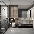 Modern Bathroom Interior Design With Glass Shower Enclosure Wooden Wall Panels And Floating Vanity