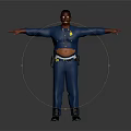 Police Officer in Blue Uniform Standing with Arms Outstretched Against Dark Background