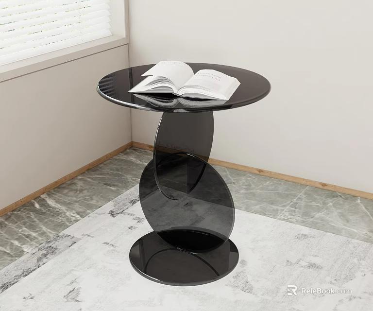 Black Round Side Table with Open Book and Unique Glossy Base on Marble Floor 3d model 