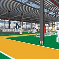 Industrial Factory Interior With Green Yellow Floor Steel Beams And Machinery