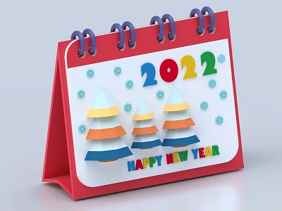 2022 Red Business Calendar With Colorful Trees Snowflakes And Happy New Year 3d model