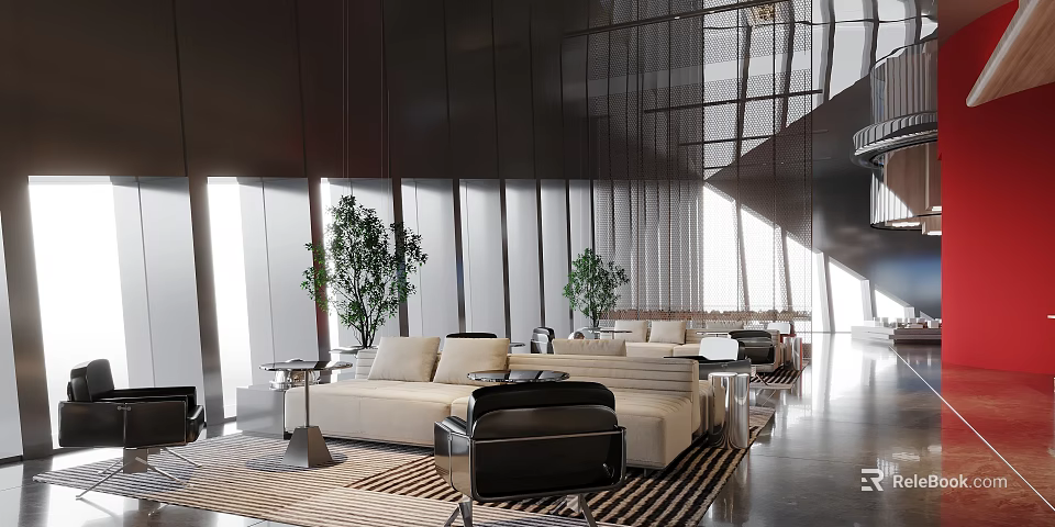 Modern Lounge Area With Comfortable Sofa Green Plants Large Windows And Patterned Rug 3d model