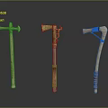 Three Ancient Battle Axes With Wooden Handles And Ornate Metal Heads