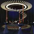 Circular Stage With Ring Lighting And Wooden Supports Near Decorative Tables And People