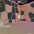 Vibrant Abstract Futuristic Cartoon Scene With Geometric Hexagons Polygons And Pink Brick Floor