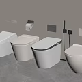 Four Modern White Toilets Display In Bathroom With Wall Mounted Accessories