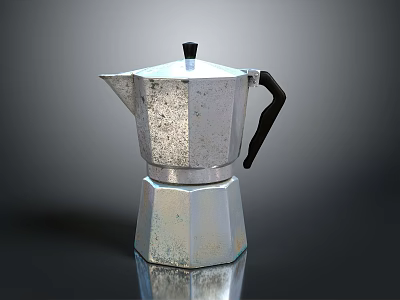 Silver Textured Moka Pot With Black Handle And Reflective Base For Home Kitchen Use 3d model