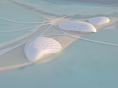 Aerial View of Coastal Island Planning with Unique Dome Buildings and Connected Roads 3d model