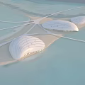 Aerial View of Coastal Island Planning with Unique Dome Buildings and Connected Roads