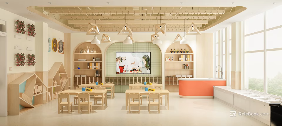 Bright Modern Kindergarten Interior With Wooden Tables Chairs And Colorful Bookshelves 3d model 