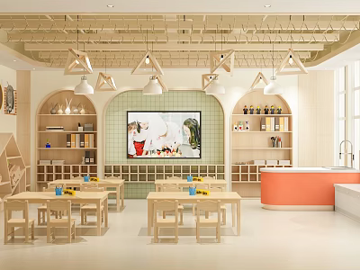Bright Modern Kindergarten Interior With Wooden Tables Chairs And Colorful Bookshelves 3d model