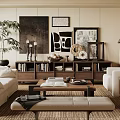 Tranquil Living Room Interior With White Sofa Black Armchair Wooden Coffee Table And Wall Art