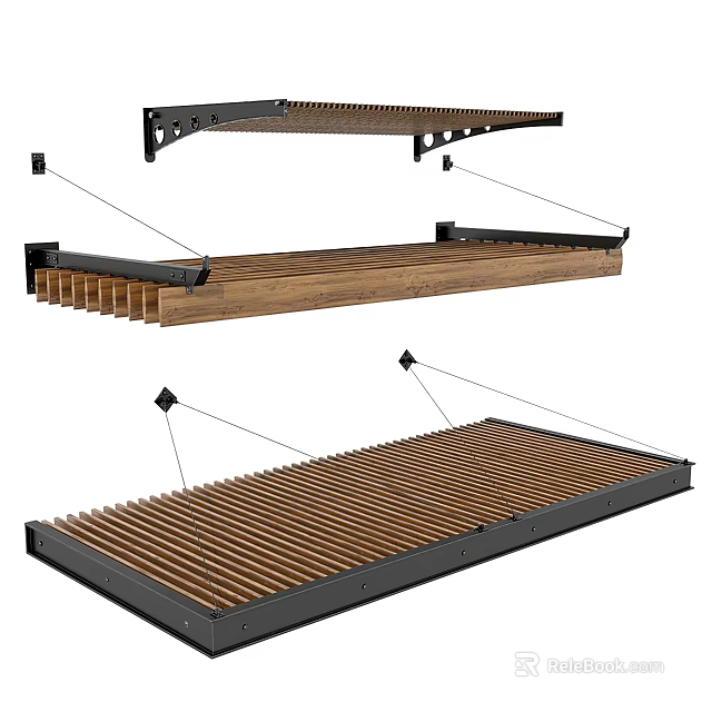 Modern Outdoor Awning With Metal Frame And Wooden Slats Structure Design 3d model 