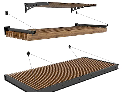 Modern Outdoor Awning With Metal Frame And Wooden Slats Structure Design 3d model
