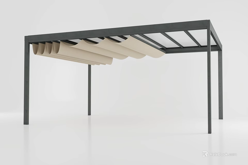 Hardware Tools Assembled Metal Frame Outdoor Structure With Transparent Roof And Rolled Shades 3d model 