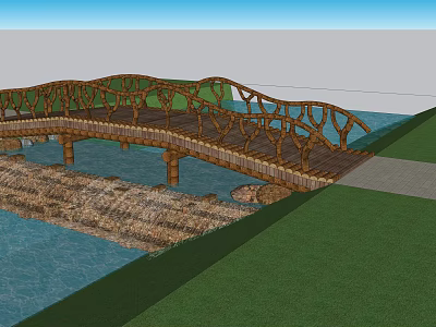 Wooden Bridge Curved Design Structure Over Water With Green Grass And Stone Bank 3d model