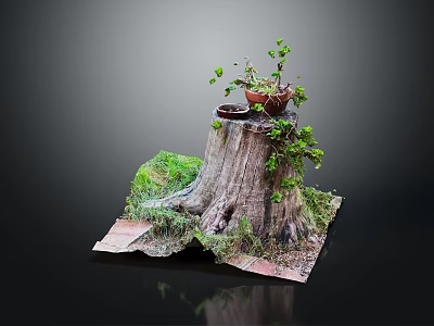 Wooden Stump Decorative Piece With Stone Accents Grass Clay Pot Plant And Wooden Planks 3d model