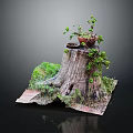 Wooden Stump Decorative Piece With Stone Accents Grass Clay Pot Plant And Wooden Planks