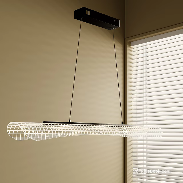 Modern White Elongated Grid Pattern Pendant Light Hanging In Room With Window And Blinds 3d model 