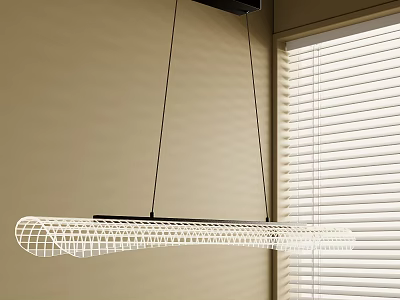 Modern White Elongated Grid Pattern Pendant Light Hanging In Room With Window And Blinds 3d model