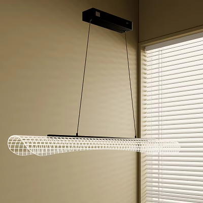 Modern White Elongated Grid Pattern Pendant Light Hanging In Room With Window And Blinds 3d model