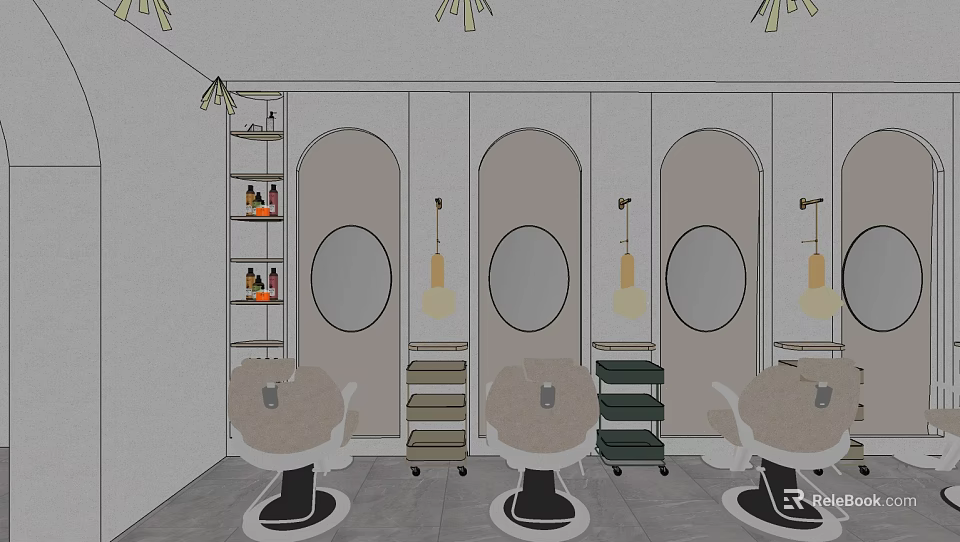 Modern Hair Salon Interior Featuring Styling Chairs Round Mirrors Hanging Lights And Product Shelves 3d model 