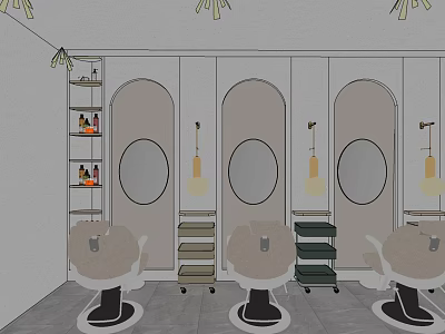 Modern Hair Salon Interior Featuring Styling Chairs Round Mirrors Hanging Lights And Product Shelves 3d model
